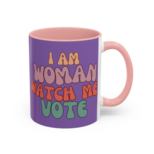 I Am Woman Watch Me Vote Purple Accent Mug by theGreenDragonTavern.shop