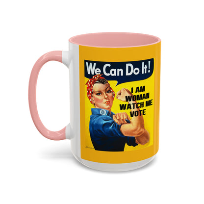 I Am Woman Watch Me Vote Rosie Yellow Accent Mug by theGreenDragonTavern.shop