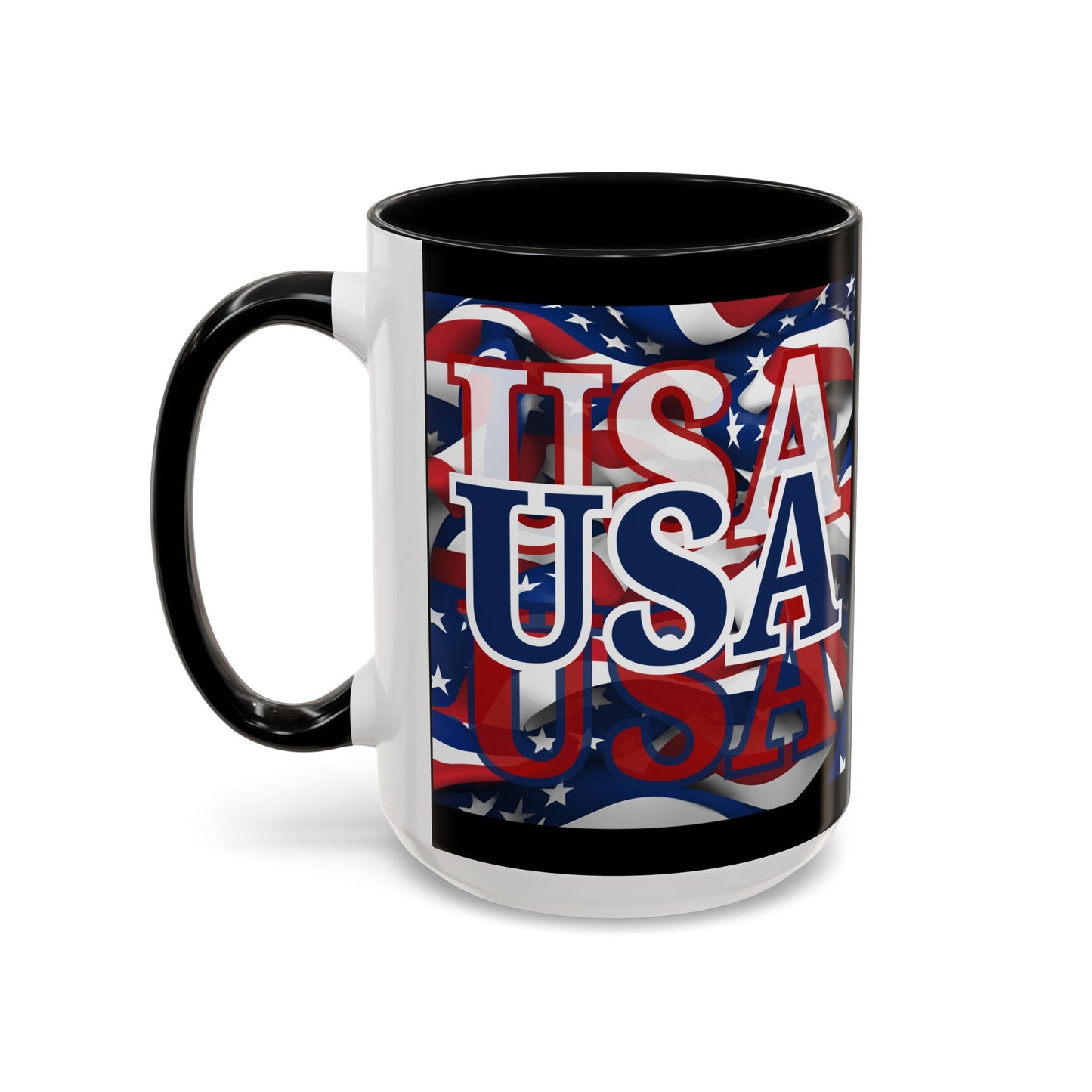 USA Blue font Center Patriot Black Accent Mug by theGreenDragonTavern.shop
