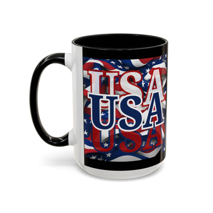 USA Blue font Center Patriot Black Accent Mug by theGreenDragonTavern.shop