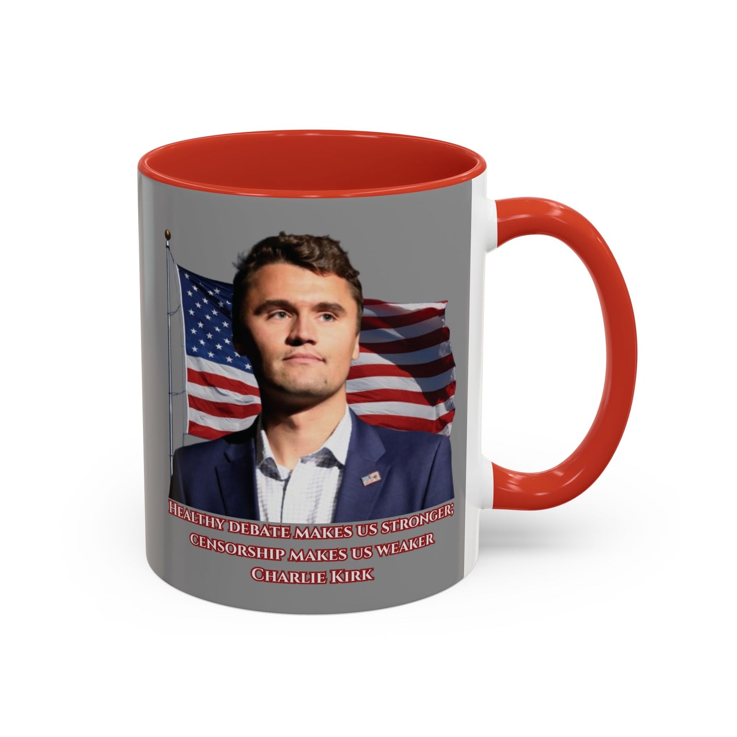 Charlie Kirk, Healthy Debate Grey Accent Mug by theGreenDragonTavern.shop