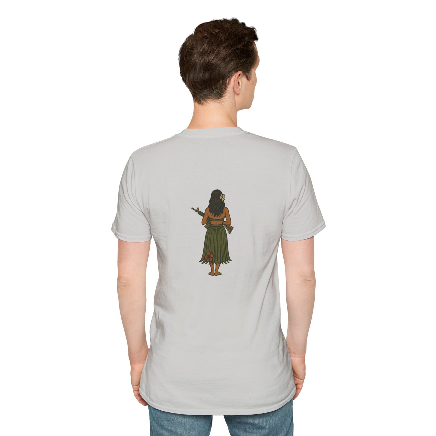 2-sided, Hula Girl Packin' Heat Light colors Unisex T-Shirt by theGreenDragonTavern.shop