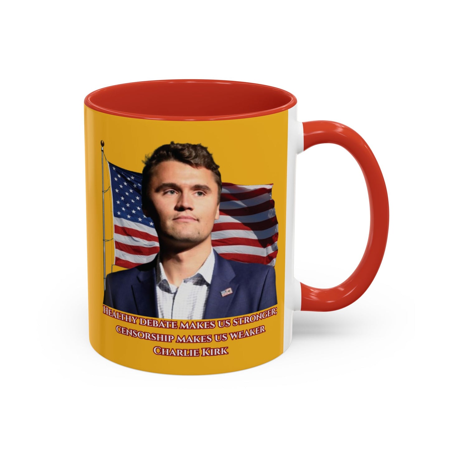 Charlie Kirk, Healthy Debate Yellow Accent Mug by theGreenDragonTavern.shop
