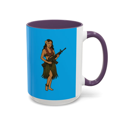 Hula Girl Packin' Heat Light Blue Accent Mug by theGreenDragonTavern.shop