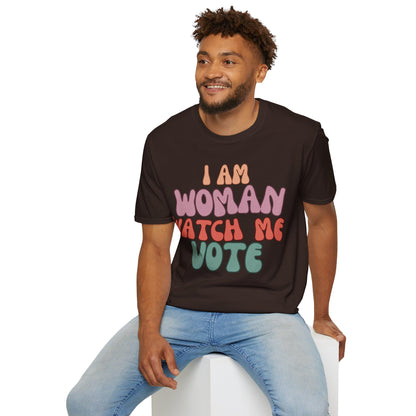 2-sided, I Am Woman Watch Me Vote Dark colors Unisex T-Shirt by theGreenDragonTavern.shop