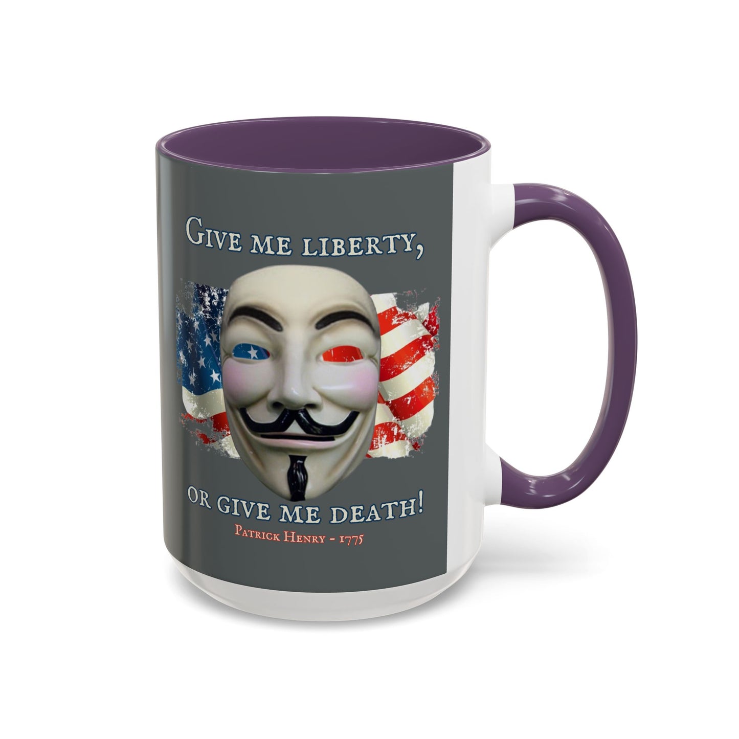 Vendetta, "Give me liberty, or give me death!" Grey Accent Mug by theGreenDragonTavern.shop