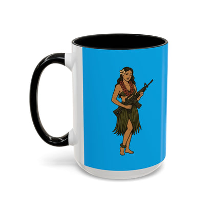 Hula Girl Packin' Heat Light Blue Accent Mug by theGreenDragonTavern.shop