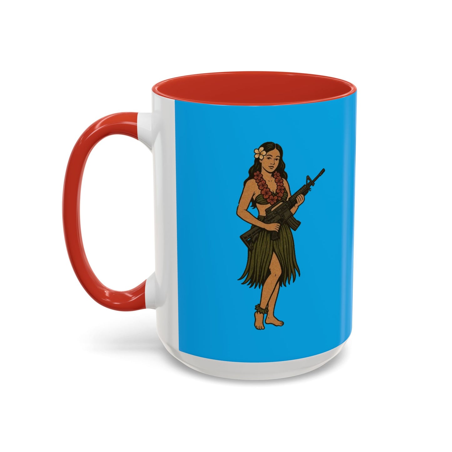 Hula Girl Packin' Heat Light Blue Accent Mug by theGreenDragonTavern.shop