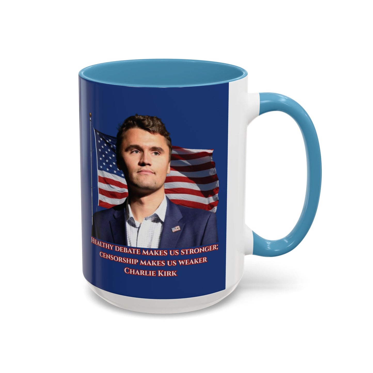 Charlie Kirk, Healthy Debate Blue Accent Mug by theGreenDragonTavern.shop