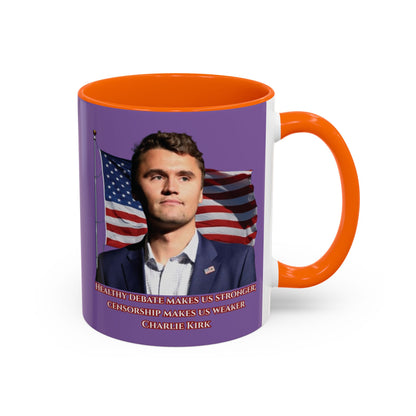 Charlie Kirk, Healthy Debate Light Purple Accent Mug by theGreenDragonTavern.shop