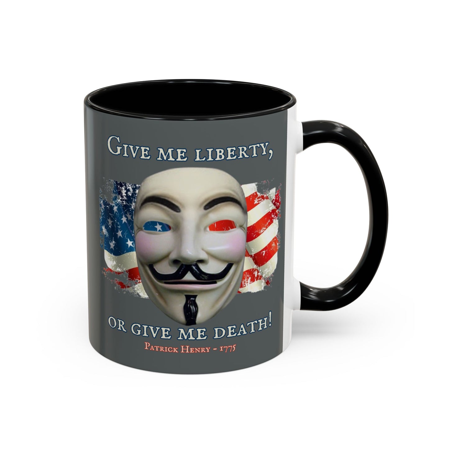 Vendetta, "Give me liberty, or give me death!" Grey Accent Mug by theGreenDragonTavern.shop