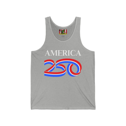 America 250 White font Unisex Jersey Tank Top by theGreenDragonTavern.shop