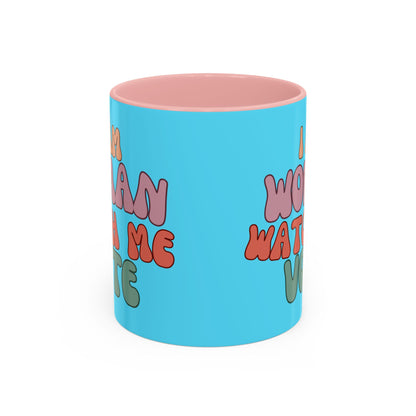 I Am Woman Watch Me Vote Light Blue Accent Mug by theGreenDragonTavern.shop