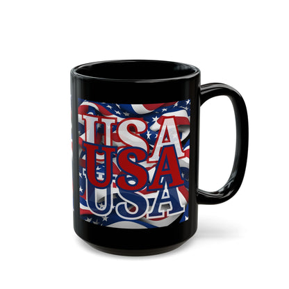 USA Red font Center Patriot Black Mug by theGreenDragonTavern.shop