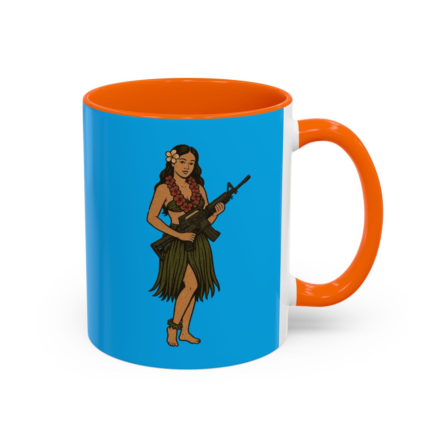 Hula Girl Packin' Heat Light Blue Accent Mug by theGreenDragonTavern.shop