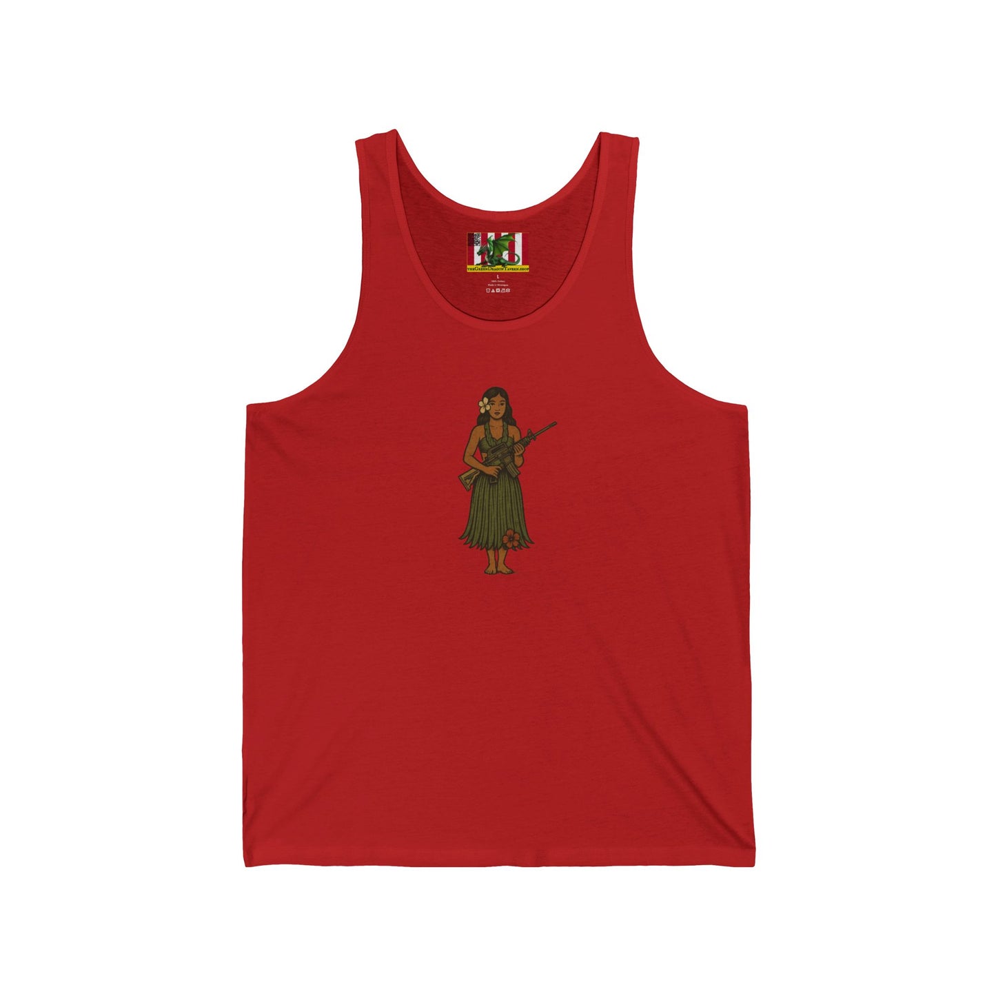 2-sided, Hula Girl Packin' Heat Unisex Jersey Tank Top by theGreenDragonTavern.shop
