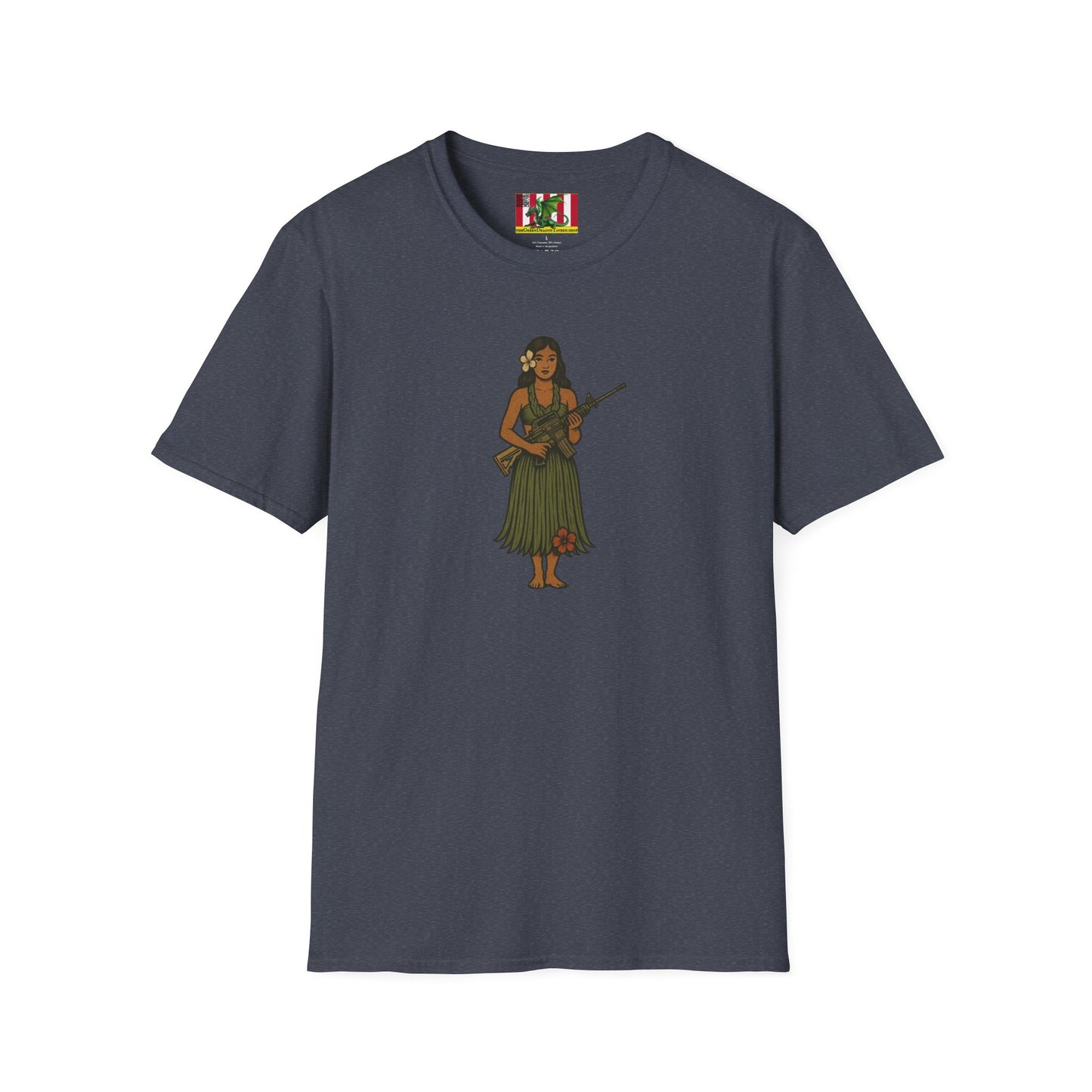 2-sided, Hula Girl Packin' Heat Dark colors Unisex T-Shirt by theGreenDragonTavern.shop