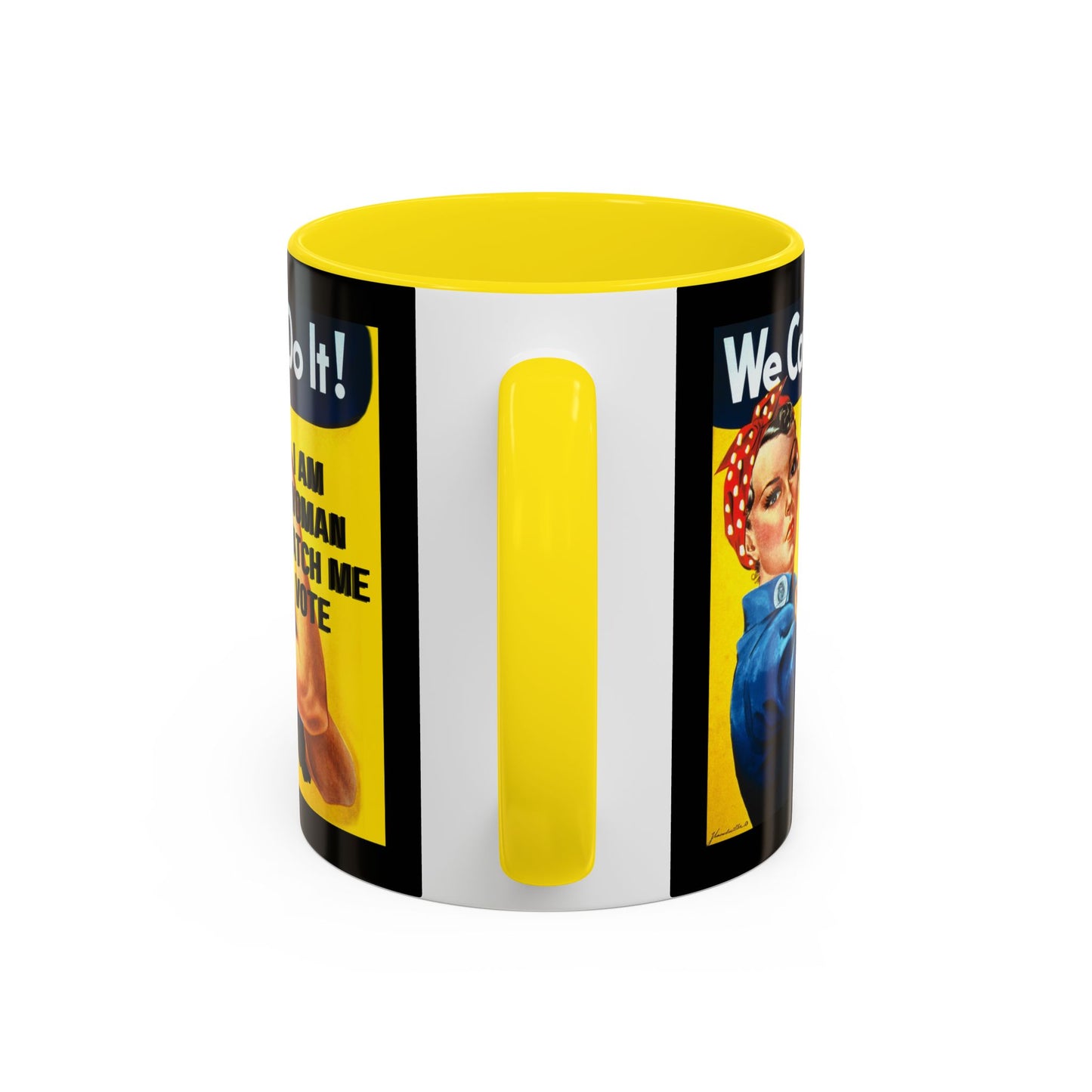 I Am Woman Watch Me Vote Rosie Black Accent Mug by theGreenDragonTavern.shop