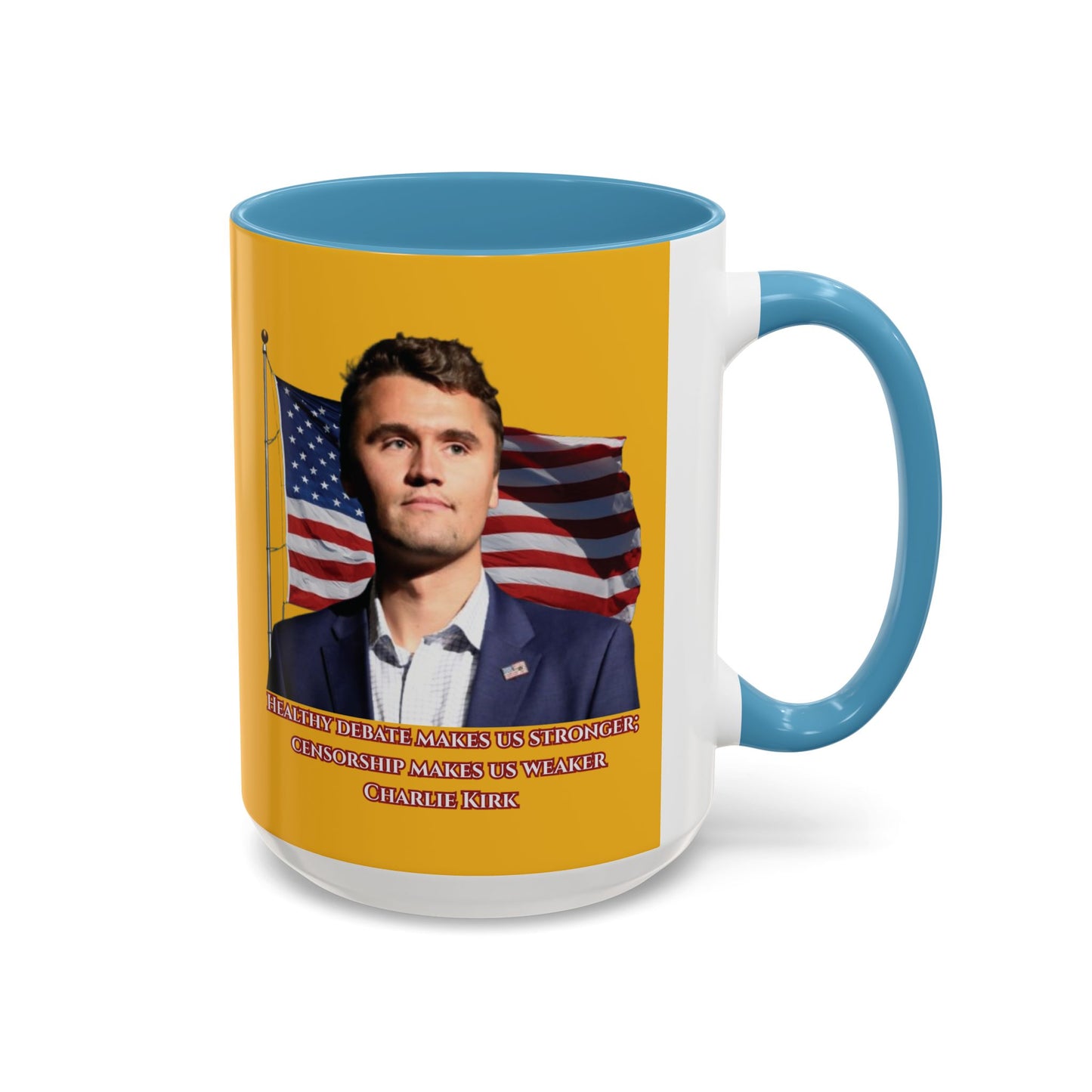 Charlie Kirk, Healthy Debate Yellow Accent Mug by theGreenDragonTavern.shop
