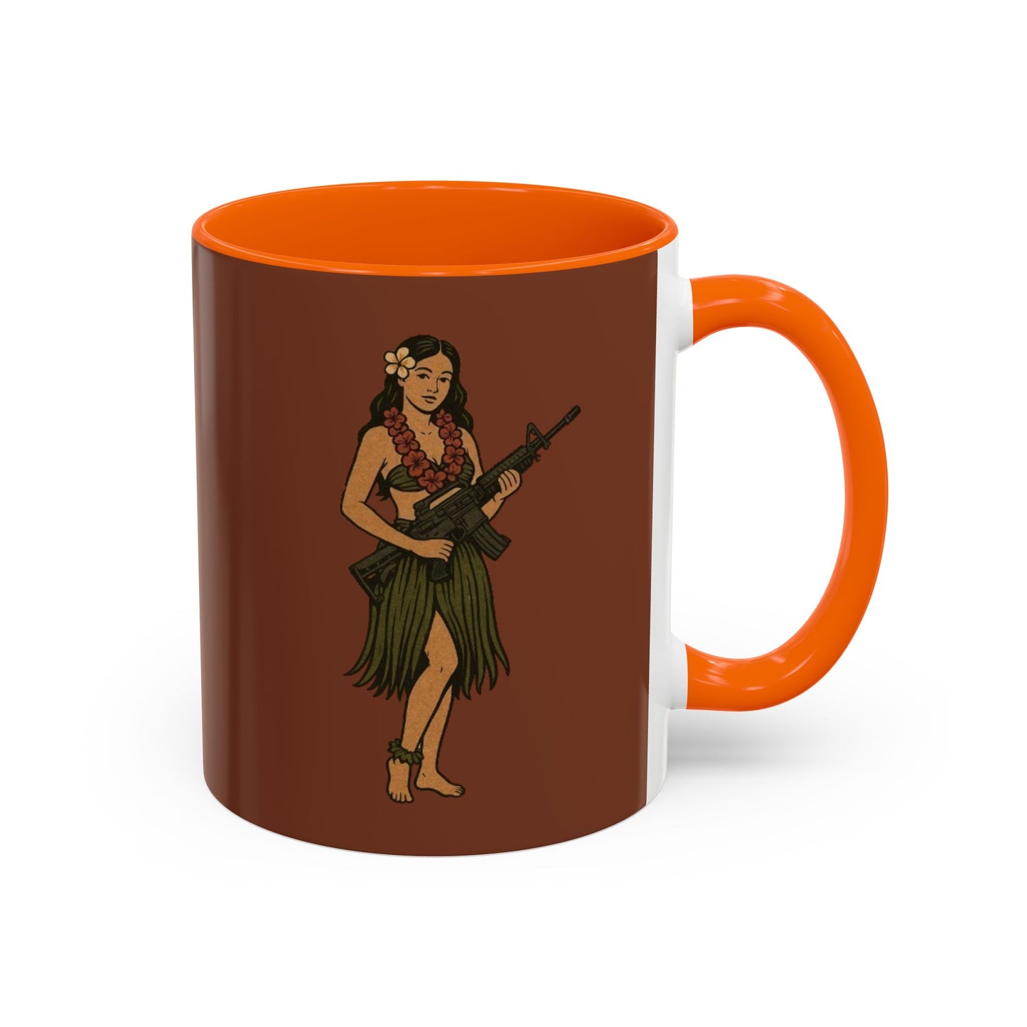 Hula Girl Packin' Heat Brown Accent Mug by theGreenDragonTavern.shop