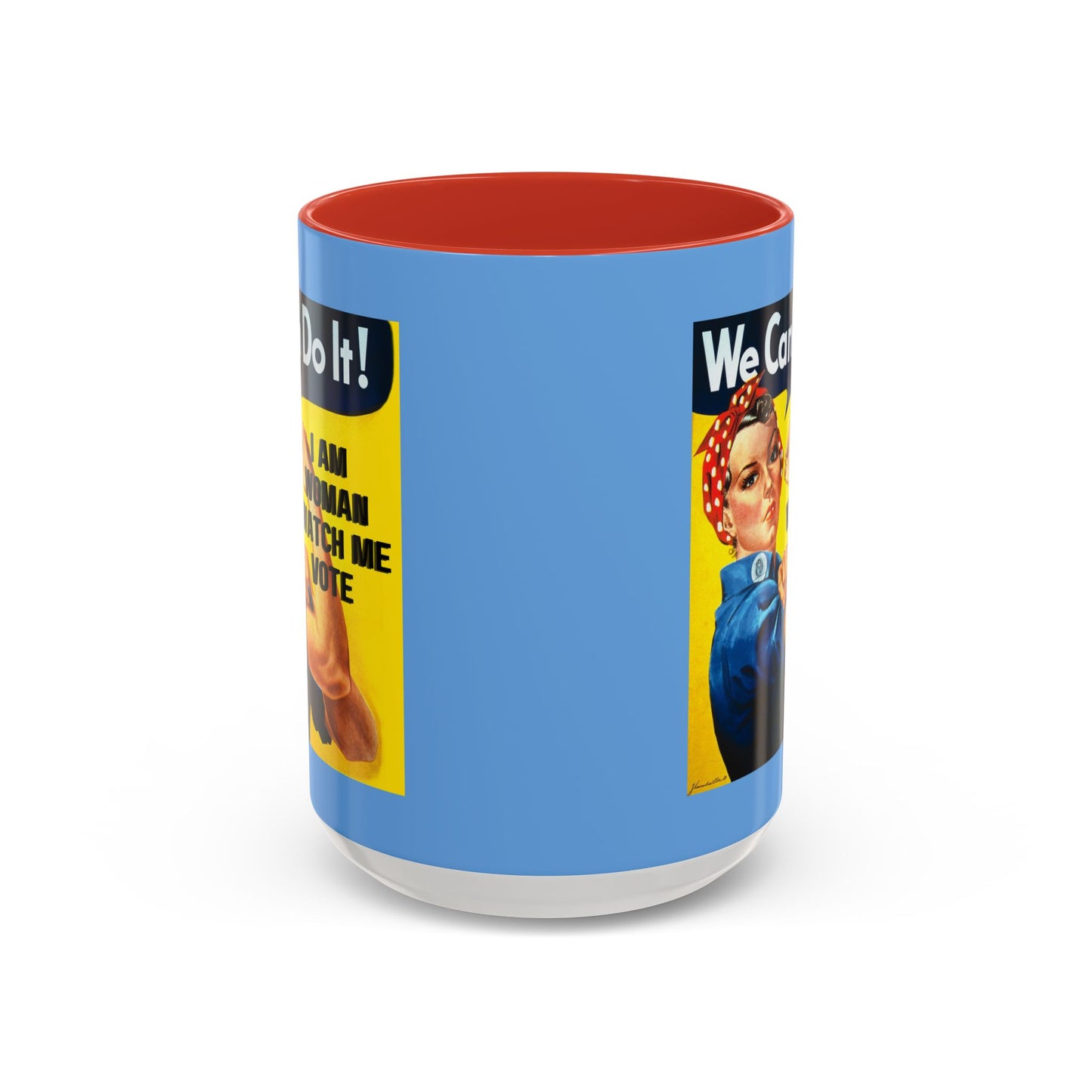 I Am Woman Watch Me Vote Rosie Light Blue Accent Mug by theGreenDragonTavern.shop