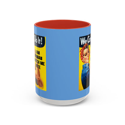 I Am Woman Watch Me Vote Rosie Light Blue Accent Mug by theGreenDragonTavern.shop