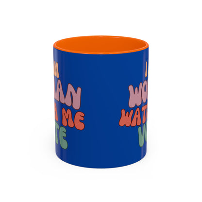 I Am Woman Watch Me Vote Dark Blue Accent Mug by theGreenDragonTavern.shop