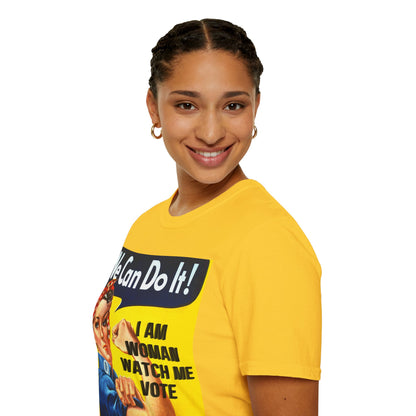 I Am Woman Watch Me Vote Rosie Light colors Unisex T-Shirt by theGreenDragonTavern.shop