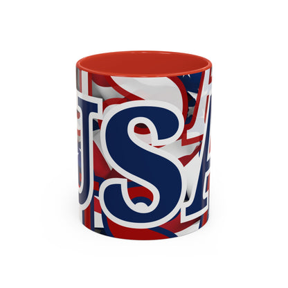 USA! USA! USA Blue font Patriot Black Accent Mug by theGreenDragonTavern.shop