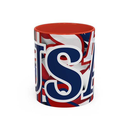 USA! USA! USA Blue font Patriot Black Accent Mug by theGreenDragonTavern.shop