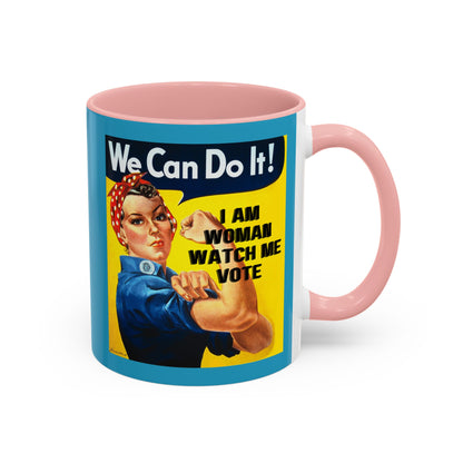 I Am Woman Watch Me Vote Rosie Turquoise Accent Mug by theGreenDragonTavern.shop