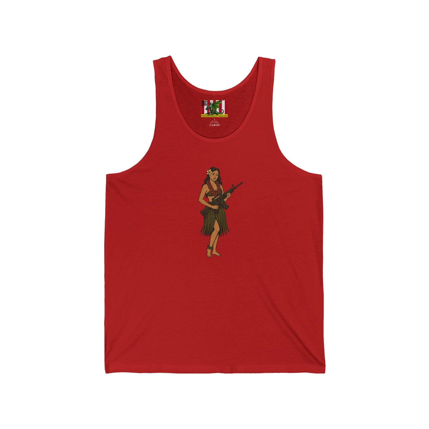 Hula Girl Packin' Heat Unisex Jersey Tank Top by theGreenDragonTavern.shop