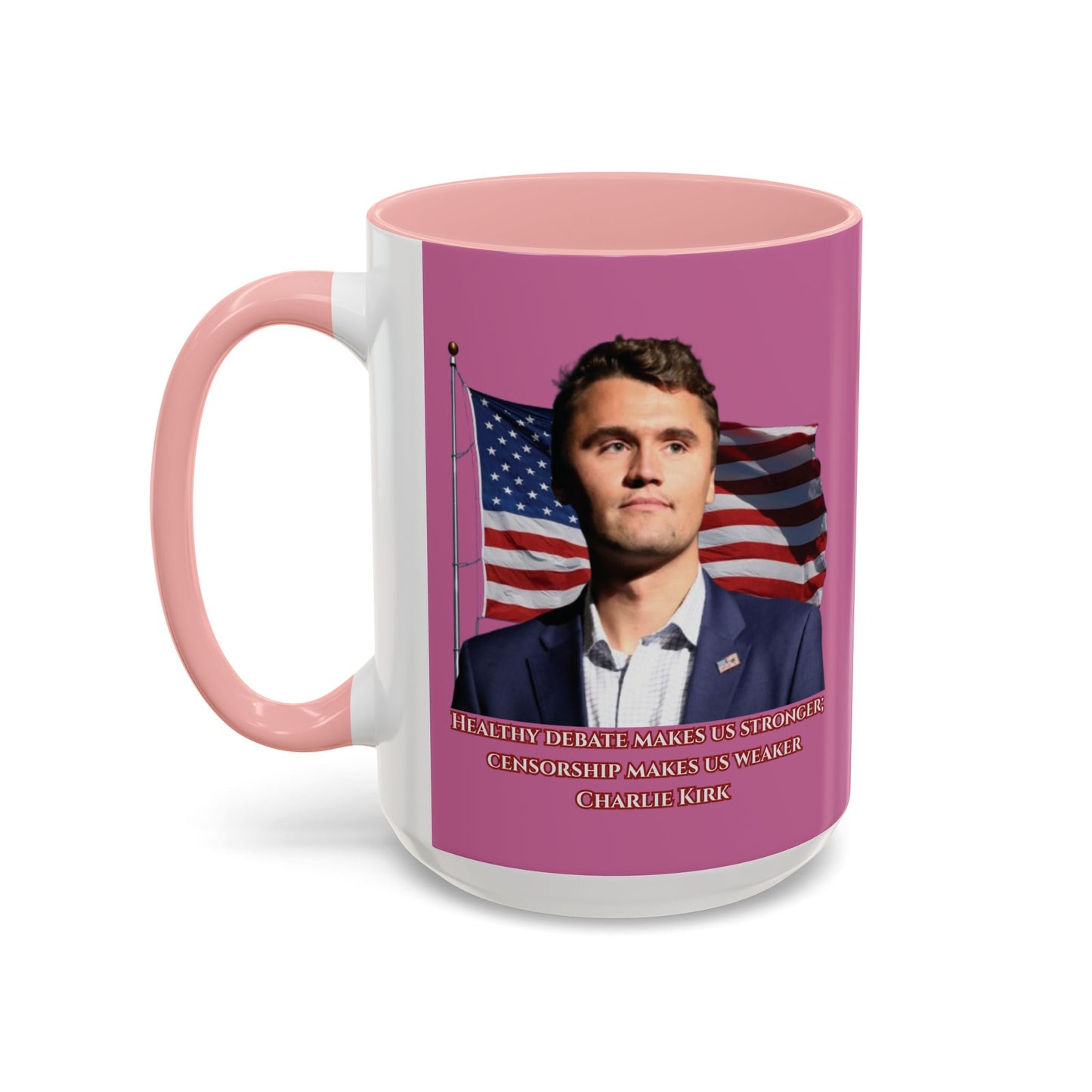 Charlie Kirk, Healthy Debate Pink Accent Mug by theGreenDragonTavern.shop