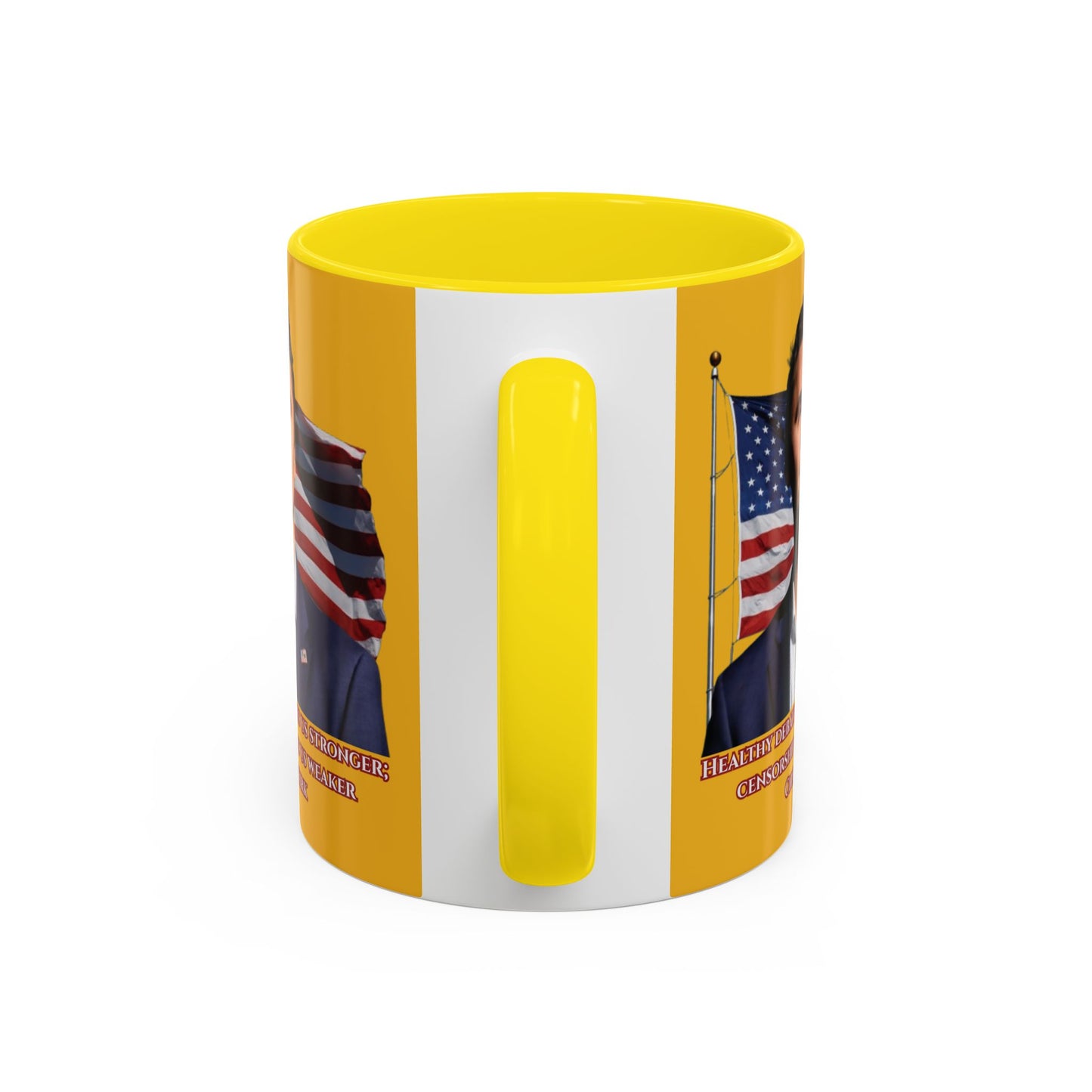 Charlie Kirk, Healthy Debate Yellow Accent Mug by theGreenDragonTavern.shop