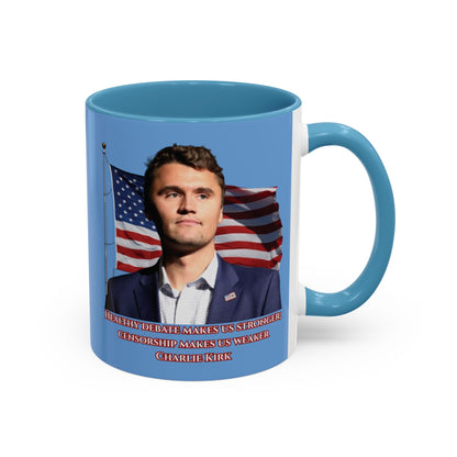 Charlie Kirk, Healthy Debate Light Blue Accent Mug by theGreenDragonTavern.shop