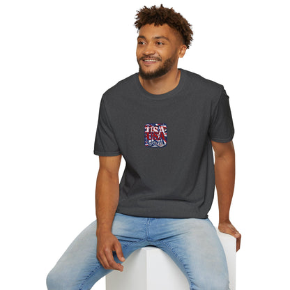 2-sided, RED White and Blue USA Patriot Dark colors Unisex T-Shirt by theGreenDragonTavern.shop