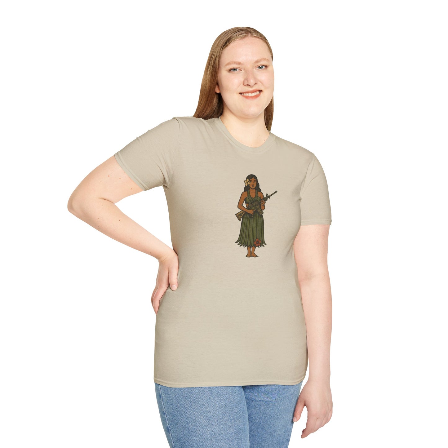 2-sided, Hula Girl Packin' Heat Light colors Unisex T-Shirt by theGreenDragonTavern.shop