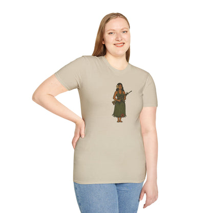 2-sided, Hula Girl Packin' Heat Light colors Unisex T-Shirt by theGreenDragonTavern.shop