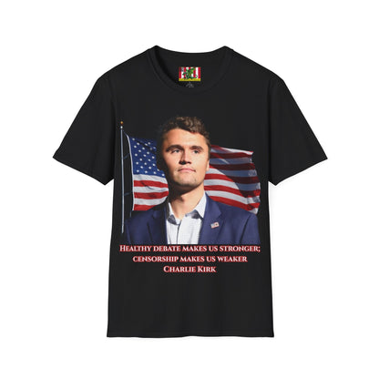 Charlie Kirk, Healthy Debate Dark colors Unisex T-Shirt by theGreenDragonTavern.shop