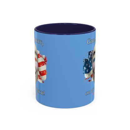 Vendetta, "Give me liberty, or give me death!" Blue Accent Mug by theGreenDragonTavern.shop