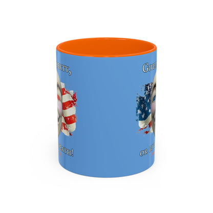 Vendetta, "Give me liberty, or give me death!" Blue Accent Mug by theGreenDragonTavern.shop