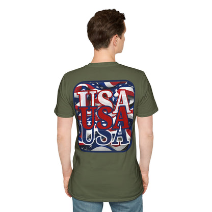 2-sided, RED White and Blue USA Patriot Dark colors Unisex T-Shirt by theGreenDragonTavern.shop