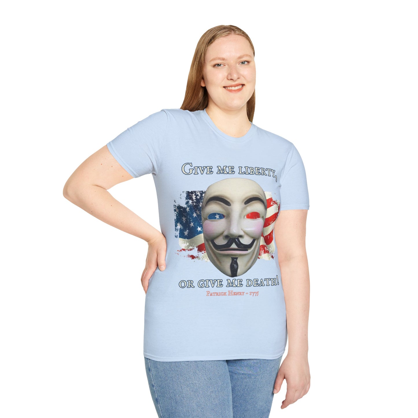 Vendetta, "Give me liberty, or give me death!" Light colors Unisex T-Shirt by theGreenDragonTavern.shop