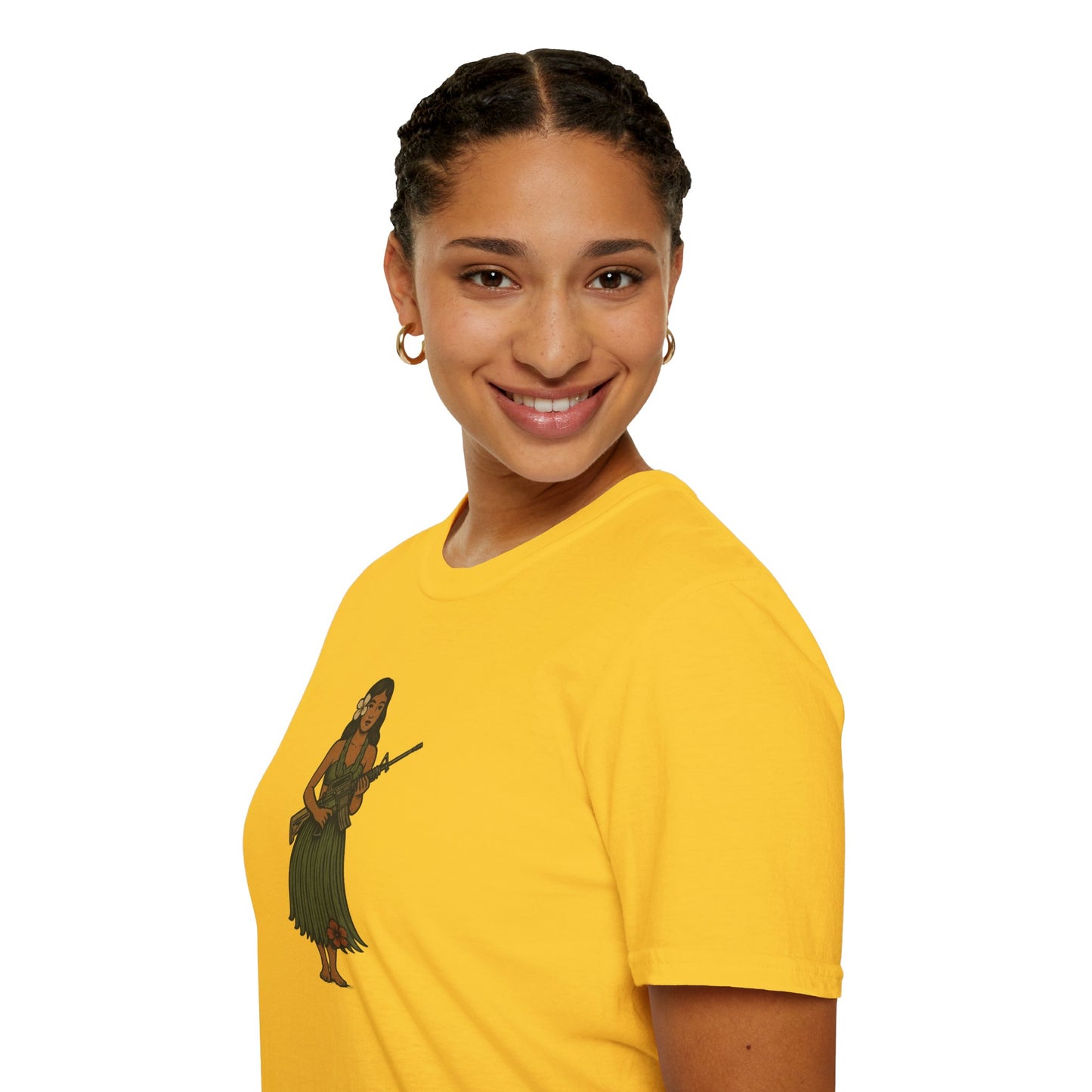 2-sided, Hula Girl Packin' Heat Light colors Unisex T-Shirt by theGreenDragonTavern.shop