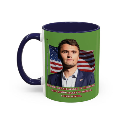 Charlie Kirk, Healthy Debate Green Accent Mug by theGreenDragonTavern.shop