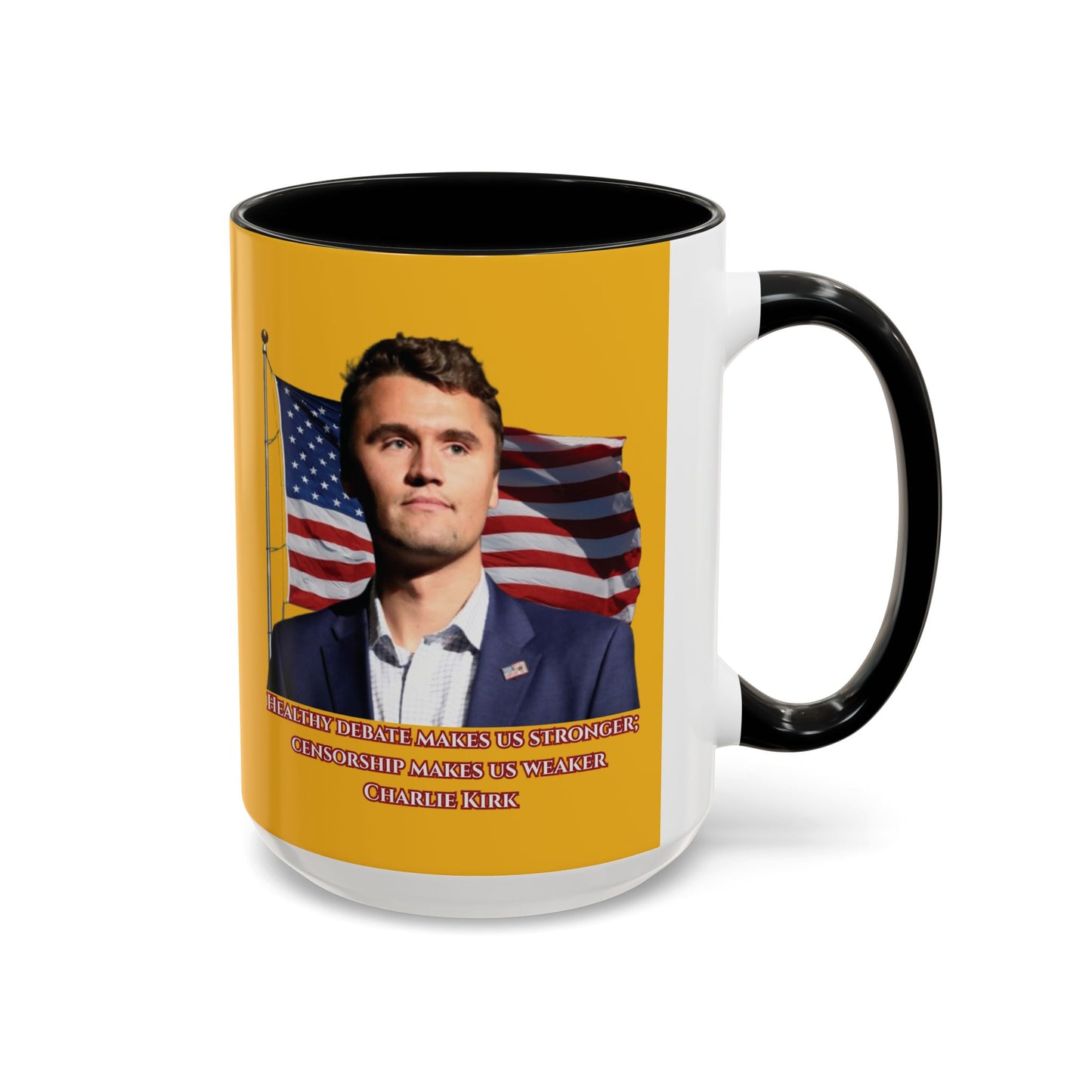 Charlie Kirk, Healthy Debate Yellow Accent Mug by theGreenDragonTavern.shop