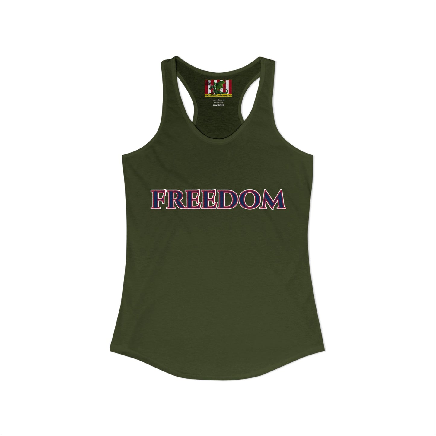 Freedom, Blue font Woman's Racerback Tank Top by theGreenDragonTavern.shop
