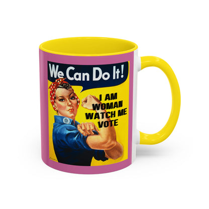 I Am Woman Watch Me Vote Rosie Pink Accent Mug by theGreenDragonTavern.shop