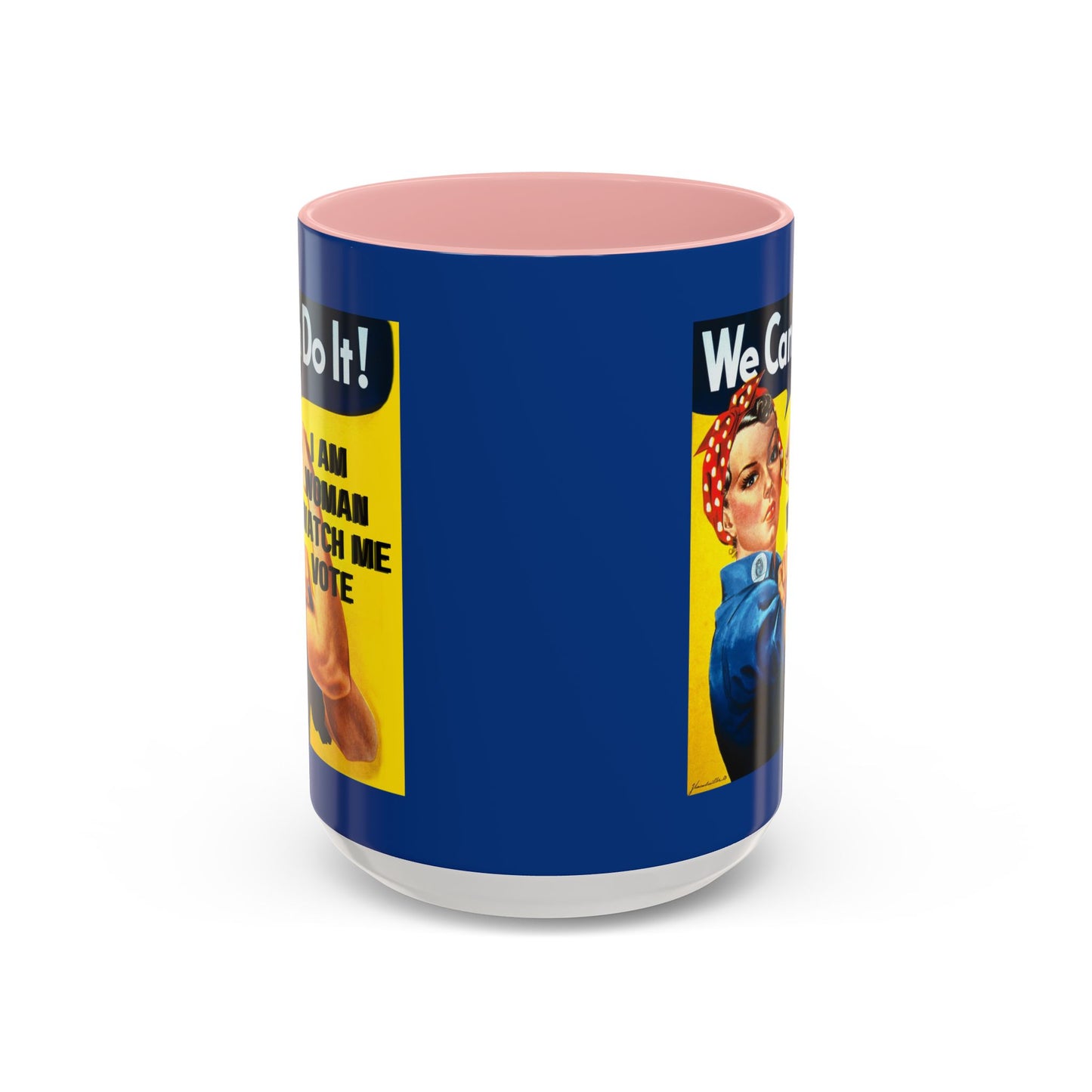 I Am Woman Watch Me Vote Rosie Dark Blue Accent Mug by theGreenDragonTavern.shop