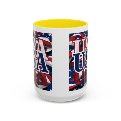 USA Blue font Center Patriot White Accent Mug by theGreenDragonTavern.shop